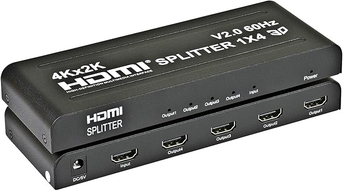 1x4 HDMI Splitter | 4 Port | 1 in - 4 Out | Ultra HD 4K/2K @ 60Hz (60 fps), HDR | HDMI 2.0, HDCP 2.2 | Full HD/3D | 1080P | DTS | Digital Sound | Direct TV | 18 Gbps