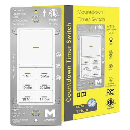 Minoston Timer Lights Switch, 1-60 Min, Countdown Wall Timer for Bathroom Fans, Heaters, Adjustable LED Brightness, 120VAC, Neutral Required, ETL and FCC Listed, White (MT11N)