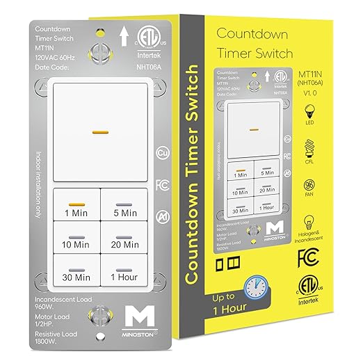 Minoston Timer Lights Switch, 1-60 Min, Countdown Wall Timer for Bathroom Fans, Heaters, Adjustable LED Brightness, 120VAC, Neutral Required, ETL and FCC Listed, White (MT11N)