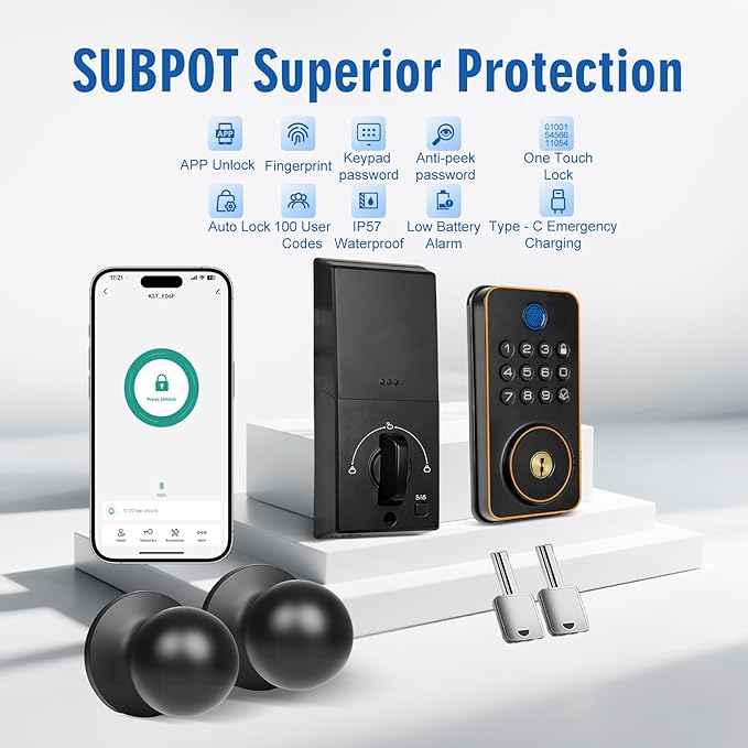 Fingerprint Door Lock with Handle Set,Electronic Keypad Deadbolt with 2 Knobs,APP,Auto Lock,100 User Codes,One Time Code,Voice Prompts,Anti-Peeking Password,Home, Apartment,Satin Nickel