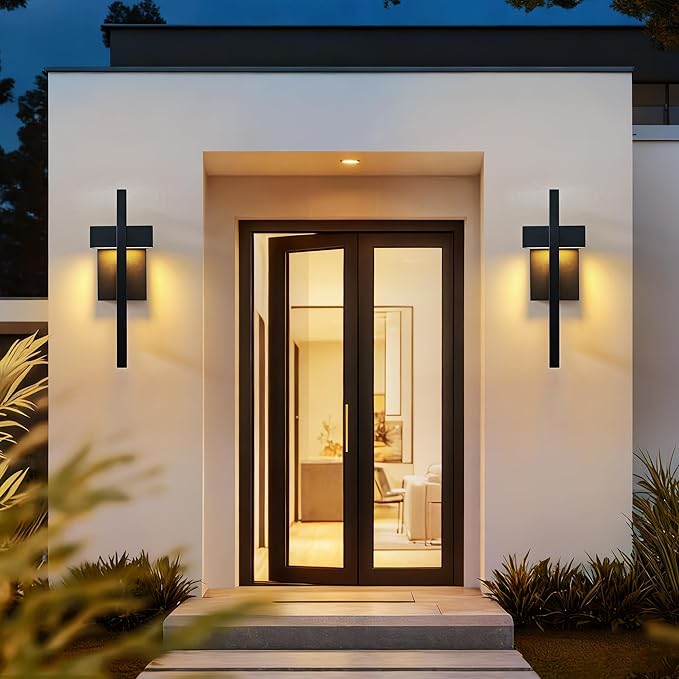 Outdoor Wall Lantern 2 Packs, Dimmable Wall Lights Fixture with 5 Color Temperatures, Integrated LED Wall Sconce Lighting, Matte Black Waterproof Porch Lighting for House Garage Doorway