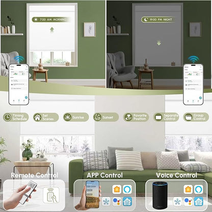 FineTell Motorized Blinds with Remote, 100% Blackout Roller Shades Compatible with Alexa,Apple Homekit,Google Home APP and Voice Control, Customized Electric Blinds (100% Blackout Pure White)