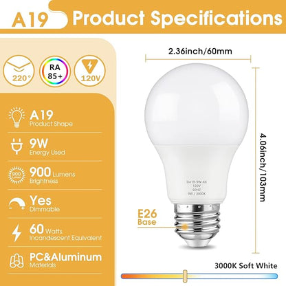 Maylaywood A19 LED Light Bulbs, 60 Watt Equivalent, Soft White 3000K, 900LM, E26 Base, Dimmable, 9W Bright White LED Bulb, 12-Pack