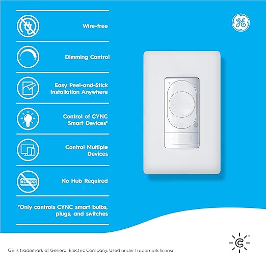 GE CYNC Dimmer Smart Switch, Wire-Free, Dimmer + White Tones Control with Bluetooth, No Wiring Required (Packaging May Vary)