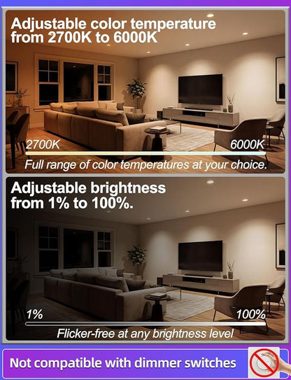 12 Pack BR30 LED Recessed Can Light Bulbs, 16 Million RGB Color Changing, BRmesh APP Bluetooth Control, 2700K-6000K Tunable White, E26 Base 10W 900LM (75W Equiv.), Fits 5"/6" Indoor Cans Only