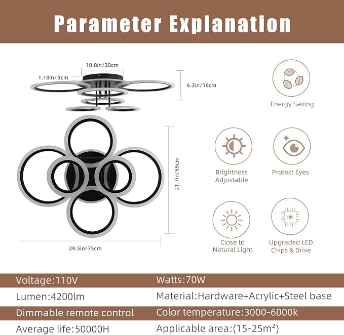 Modern LED Ceiling Light, 70W Dimmable Flush Mount, Black | 4200LM, Adjustable 3000-6000K, Remote Control for Living Room, Dining Room, Kitchen & Hallway