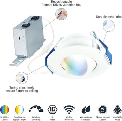 HALO 4” Smart Wi-Fi Canless LED Light Powered by WiZ Pro, Dimmable Full Color w/Adjustable Gimbal, SpaceSense, Smart Home-Ready - RAWZC409