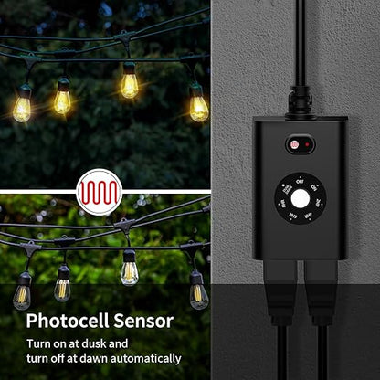 Minoston Outdoor Timer Outlet Waterproof with Remote, 2 Outlets Dusk to Dawn Plug, Light Sensor Countdown Timer 2 4 6 8 Hours 100Ft Remote Control Home Garden(MP42T)