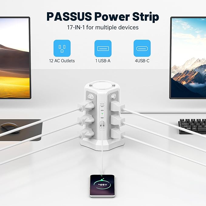 PASSUS PD 65W USB C Fast Desktop Charging Station, Tower Power Strip Surge Protector with 12 Widely Spaced AC Outlets|4 USB C|1 USB A, 10FT Extension Cord Overload Protection for Home Office Dorm