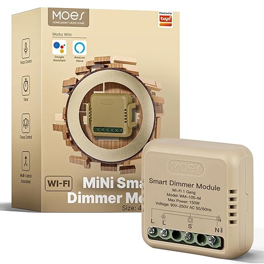 MOES WiFi Smart Relay Dimmable, Dimmer Work with Google Assistant & Alexa, Mini Smart Light Switch Module as Home Assistant, No Hub Required, Timer Relay 1 Gang 1PC, Smart Life/Tuya App