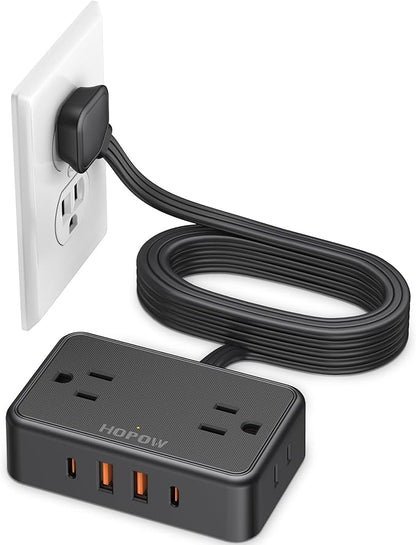 HOPOW Flat Plug Extension Cord, 6 Ft Ultra Thin Power Strip, 4 AC Wide Spaced outlets and 4 USB (2 USB-C) Ports, No Surge Protector for Cruise Ship, Travel, Dorm Room Essentials (Black)