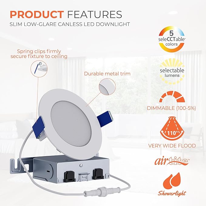 HALO HLB 4 inch LED Recessed Ceiling Light Canless Dimmable with Selectable Lumens and Selectable Color 27/30/35/40/5000K 4-Pack Wet Location Indoor Outdoor Soffit Lighting HLB4LSFS5-4PK