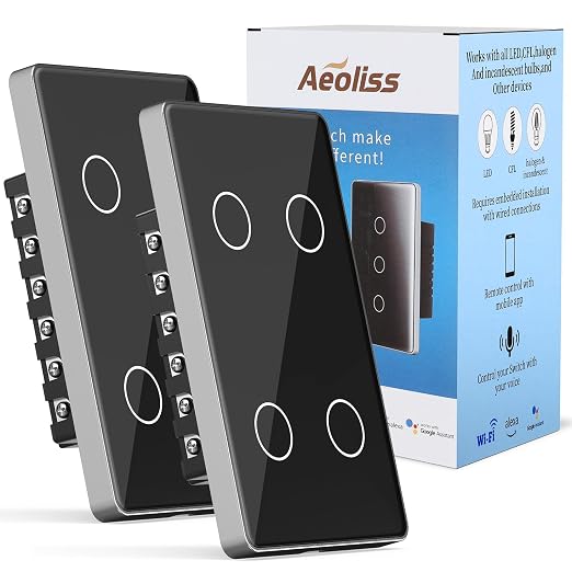 2.4GHz WiFi Smart Touch Wall Single Fire Smart Light Switch, Need Neutral Wire, Glass Panel Light Switch Work with Smart Life/Tuya App, Alexa and Google Home (Black 4 Gang)