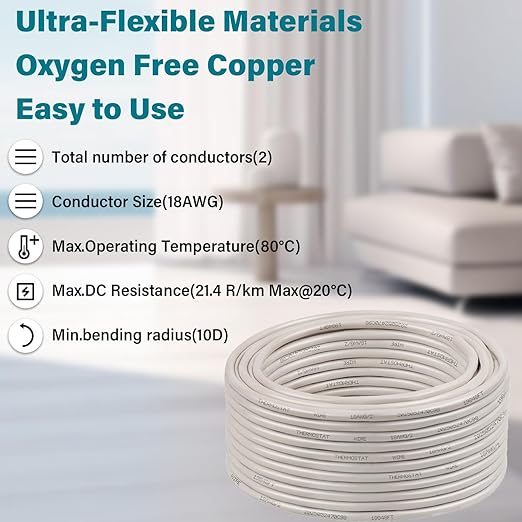 XRDS -RF 18AWG 2 Conductor Thermostat Wire 75FT, Solid Copper, 18 Gauge 2 Wire for Thermostat, HVAC, Heating and Cooling, White Jacket (20FT / 25FT / 30FT / 50FT / 75FT / 100FT)