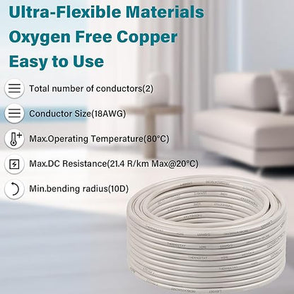 XRDS -RF 18AWG 2 Conductor Thermostat Wire 75FT, Solid Copper, 18 Gauge 2 Wire for Thermostat, HVAC, Heating and Cooling, White Jacket (20FT / 25FT / 30FT / 50FT / 75FT / 100FT)