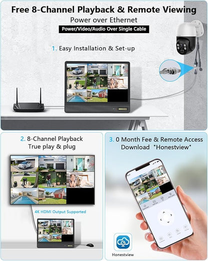 OOSSXX (2026 New) 4K PoE PTZ Security Camera System with 10'' Monitor, 8CH NVR, 4 Wired Outdoor Cameras, Pan Tilt Auto Tracking, AI Human Detection, Free App, No Monthly Fee, IP65
