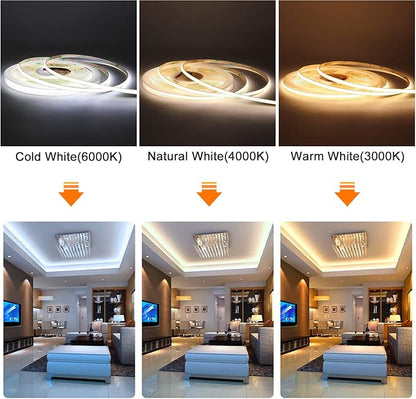 12V Flexible COB LED Strip Light Tape 3000K Warm White Color, 480LEDs/m 16.4FT/5M CRI>90, High Bright Ribbon Light for Christmas House Kitchen Room Ceiling Decor (DC12V, Wihtout Power Supply)