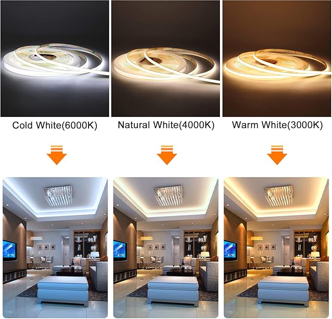 Flexible COB LED Strip Light 12V Cold White Color 6000K, 480LEDs/m 16.4FT/5M CRI>90, High Bright LED Tape for House Kitchen Room Ceiling Decor (DC12V, Without Power Supply)