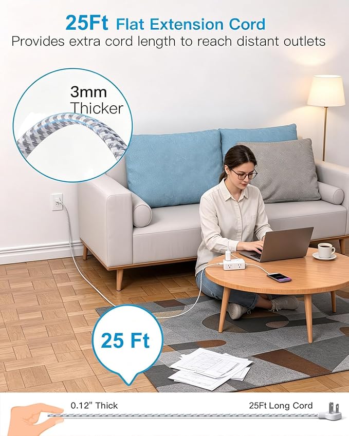 Extension Cord 25 Ft, One Beat Surge Protector Power Strip 25 Ft Long Cord, 8 AC Outlets with 4 USB Ports(2 USB C), White Power Strip for Home Office College Dorm Room, Desk Essentials
