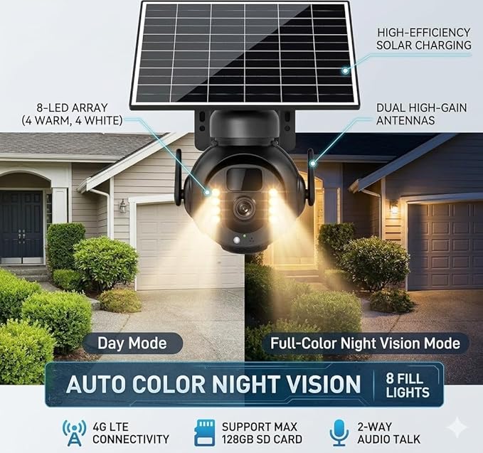 4K 8MP 4G LTE Cellular Security Camera, Outdoor Wireless Camera with Integrated SIM, Night Vision, Two-Way Audio, PIR Motion Detection, IP66 Weatherproof, SD Card Playback.