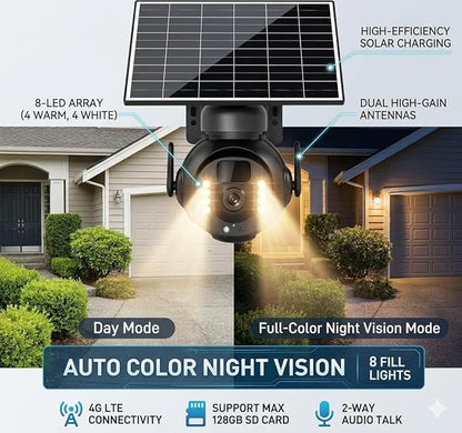 4K 8MP 4G LTE Cellular Security Camera, Outdoor Wireless Camera with Integrated SIM, Night Vision, Two-Way Audio, PIR Motion Detection, IP66 Weatherproof, SD Card Playback.