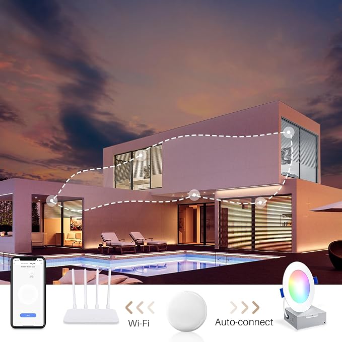 Peteme Smart Recessed Lighting 4 Inch, RGBCW Color Changing for Soffit | IC Rated ETL Certified, LED Ultra-Thin Downlight Recessed Canless Ceiling Light with J-Box, Work with Alexa, 10W 800LM 12Pcs