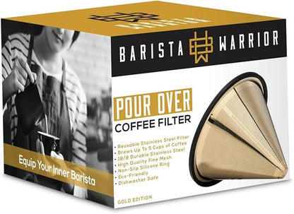 Barista Warrior Reusable Coffee Filter - Stainless Steel Pour Over Dripper, Compatible for Chemex, Hario V60 & Drippers, Easy to Clean Flavorful Brew Fine Mesh Coffee Filter - Gold