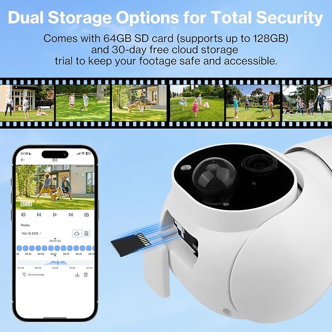 Wireless Floodlight Camera with Solar Panel, Solar PIR Motion Sensor 2000LM Flood Light, Waterproof 2K 360° PTZ Camera for Home Security, 24/7 Surveillance, Local/Cloud Storage, Compatible with Alexa