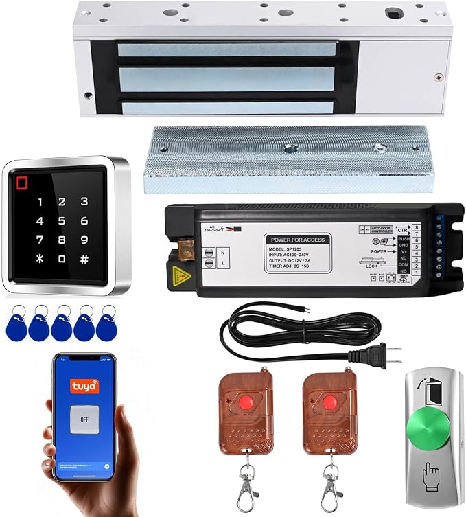 Access Control System Kit with IP68 Waterproof Metal Touch Keypad, 1200LB Magnetic Lock, Zinc Alloy Exit Button, 2 Remote Controls and Tuya App Remote Access