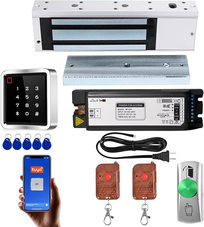Access Control System Kit with IP68 Waterproof Metal Touch Keypad, 1200LB Magnetic Lock, Zinc Alloy Exit Button, 2 Remote Controls and Tuya App Remote Access