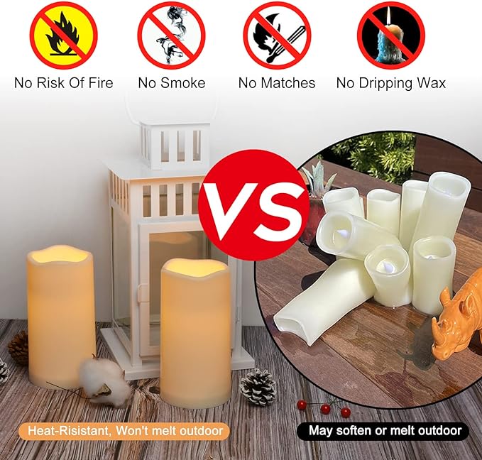 Flameless Candles 4" 5" 6" Outdoor Indoor Pillars Battery Operated Flickering Candles Include 10-Key Remote Timer 400+ Hours by 2 AA Batteries (Ivory Candle - Warm light, 3"D x 6" H - 12 Pack)