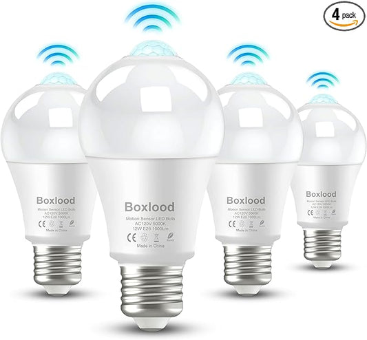 Boxlood Motion Sensor Light Bulbs, 12W Motion Activated Dusk to Dawn Outdoor Light Bulb (100Watt Equivalent) A19 E26 5000K Daylight for Outdoor Indoor Front Door Porch Garage Basement Hallway, 4 Pack