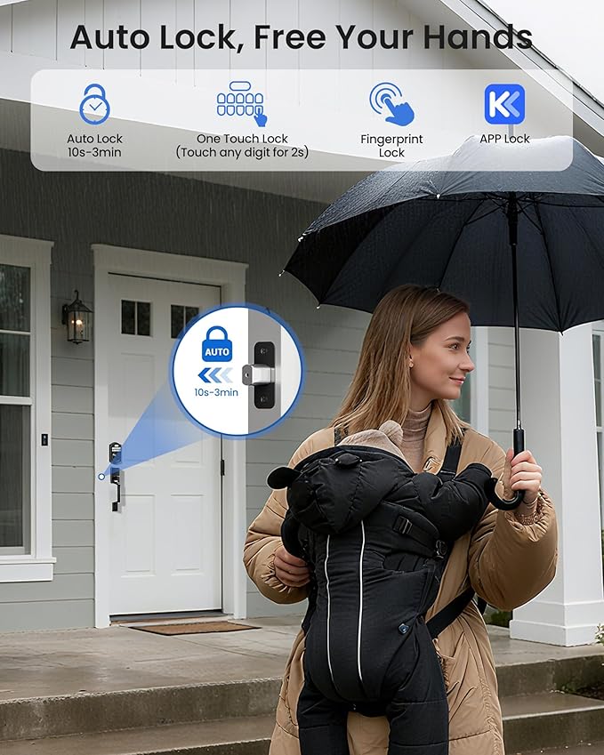 TEEHO TE012W-H WiFi Keypad Door Lock with Handle Set, Fingerprint Smart Locks, Front Door Keyless Entry, APP Remote & Voice Control, Digital Deadbolt with 2 Keys, Auto-Lock, Easy Install, Matte Black