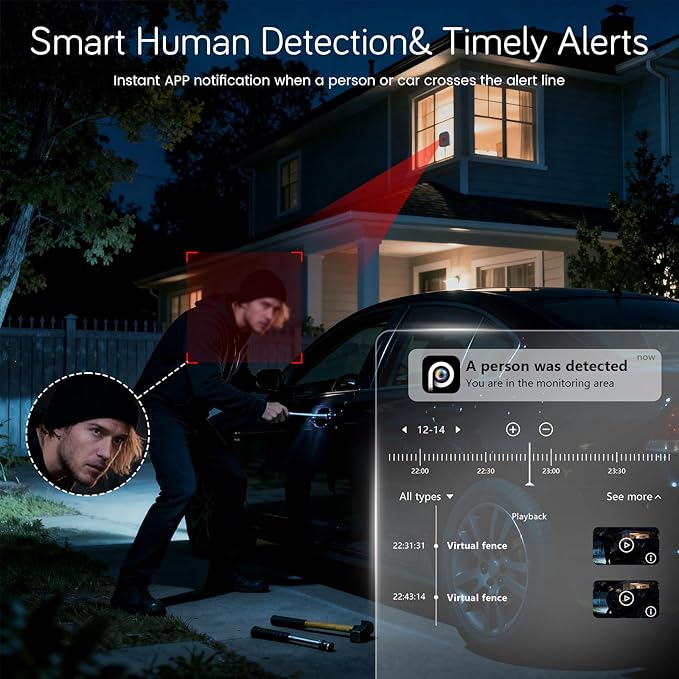 HIEASY 5MP 3K Window Security Camera, Dual-Band 2.4/5GHz WiFi Glass-Mount Camera, Anti-Reflection Night Vision, AI Human Detection, 24/7 Continuous Recording, Includes 32GB SD Card