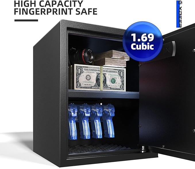 XDeer 1.69 CuFt Biometric Safe with Fireproof Bag, Home Safe for 4 Pistols | Fingerprint Safe Box with Backlit Keypad & LED Light, Money Safe for Cash/Jewelry//Documents/Gun, Removable Shelf & Gun Rack