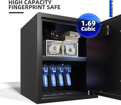 XDeer 1.69 CuFt Biometric Safe with Fireproof Bag, Home Safe for 4 Pistols | Fingerprint Safe Box with Backlit Keypad & LED Light, Money Safe for Cash/Jewelry//Documents/Gun, Removable Shelf & Gun Rack