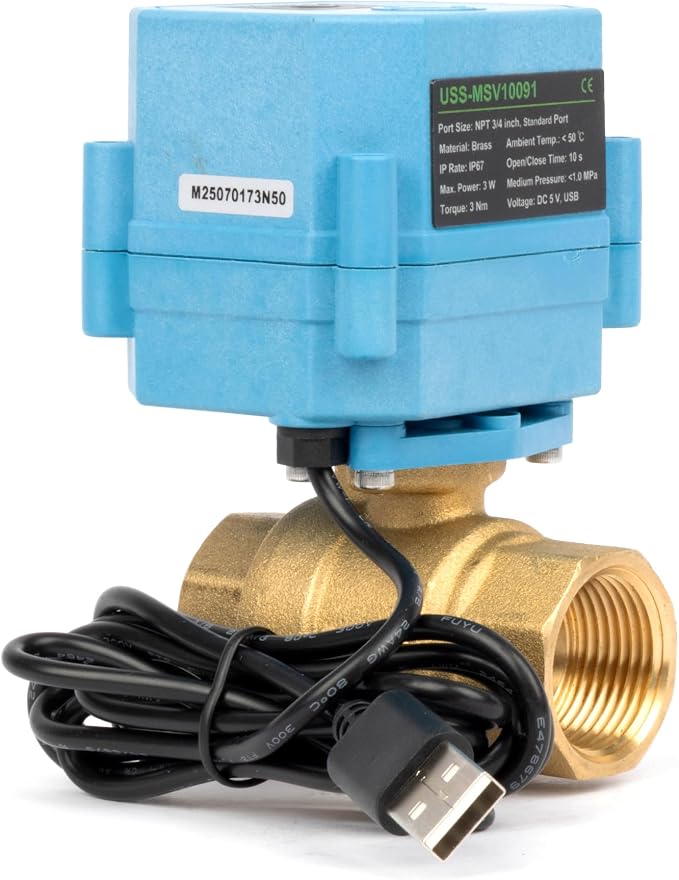 U.S. Solid WiFi Smart Motorized Ball Valve 3/4 inch NPT for Water Control & Irrigation, 2 Way Brass Electric Valve, USB Powered, LED Status Indicator, Flow Direction Window, Remote On/Off Control