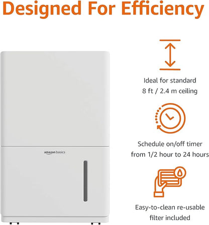 Amazon Basics 35-Pint Large Dehumidifier for Home, Humidity Control, Auto-Defrost, Timer, Overflow Protection, for Rooms up to 2500 SFT, White