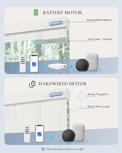 Smart Shades Compatible with Alexa Google Custom to 115" Width Light Filtering Motorized Blinds Automatic Large Window Roller Shade Remote Control 50% Blackout Solar White