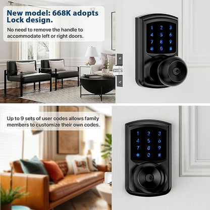 Hidalife Keyless Entry Door Knob with Code, Digital Door Lock with Keypad, Touchscreen Keypad Door Lock with Handle for Front Door Bedroom Home, Auto-Lock, Matte Black