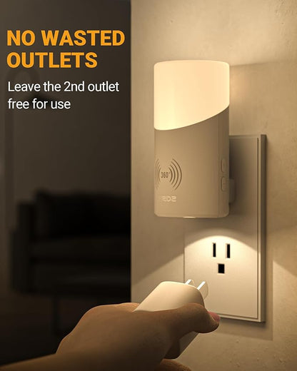Lyridz LED Plug-in Night Light with 360° Motion Sensor, 1-150 Lumens Dimmable Nightlights Indoor for Bathroom, Bedroom, Hallway, Stairs, Pet House, 2 Pack
