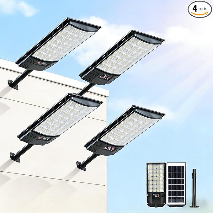 Solar Street Lights Outdoor, 4-Pack 45000LM, Dusk to Dawn Motion Sensor Light with Remote, 7500K LED Solar Flood Light, IP67 Waterproof Wall Mount Security Light for Yard, Garage, Driveway