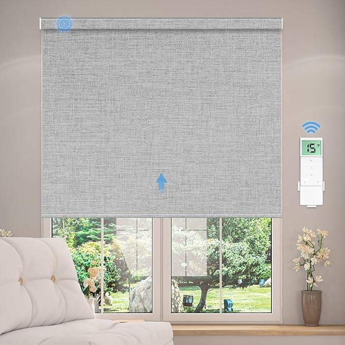 Tokblind Motorized Blackout Roller Shade Fabric Covered Valance and Bottom Rod, Remote Control Electric Window Blind Compatible with Alexa Google via Hub, Custom Size (Light Grey - Wrapped Fabric)