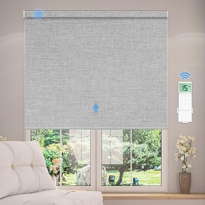 Tokblind Motorized Blackout Roller Shade Fabric Covered Valance and Bottom Rod, Remote Control Electric Window Blind Compatible with Alexa Google via Hub, Custom Size (Light Grey - Wrapped Fabric)