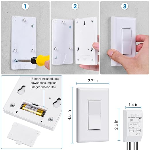 Wireless Light Switch and Receiver Kit, Ortis 300ft RF Range Wireless Wall Switches for Lights, Fans, Battery Included, No Wiring Needed (2 Switches & 1 Receiver Kit)