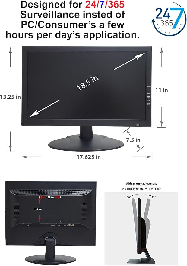 101AV 18.5" Scaled 4K Security Monitor with Super Sampling Anti-Aliasing (SSAA), HDMI (Scaled 4K/8MP), BNC/VGA, VESA Mount, Ultra-Smooth Detail for 24/7 CCTV & Home Office Surveillance