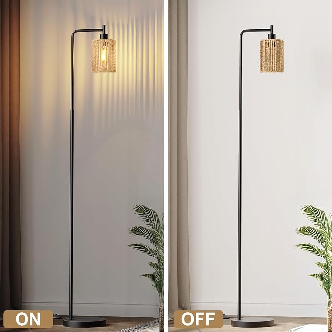 Oneach 66" Black Floor Lamp for Living Room, Boho Floor Lamp with LED Bulb, Rattan Shade, Foot Switch, Industrial Tall Standing Lamp for Bedroom, Dining Room, Study Room, Office