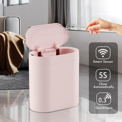 SYNCVIBE Bathroom Trash Can with Lid 2 Gallon Slim Motion Sensor Garbage Can Narrow Automatic Plastic Trash Bin for Bedroom, Living Room, Toilet, Office (Pink)