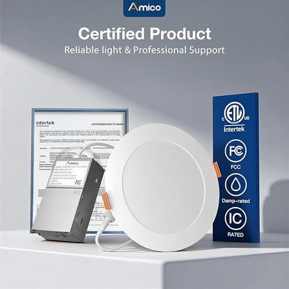 Amico 6 Pack 6 Inch Press to Select 5CCT Ultra-Thin Recessed Light with Junction Box, 2700K/3000K/3500K/4000K/5000K Selectable, 12W=110W, 1050LM High Brightness, Dimmable Wafer Downlight-ETL&FCC