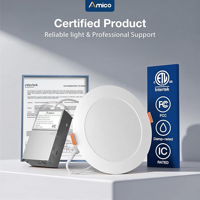 Amico 1 Pack 6 Inch Press to Select 5CCT Ultra-Thin Recessed Light with Junction Box, 2700K/3000K/3500K/4000K/5000K Selectable, 12W=110W, 1050LM High Brightness, Dimmable Wafer Downlight-ETL&FCC